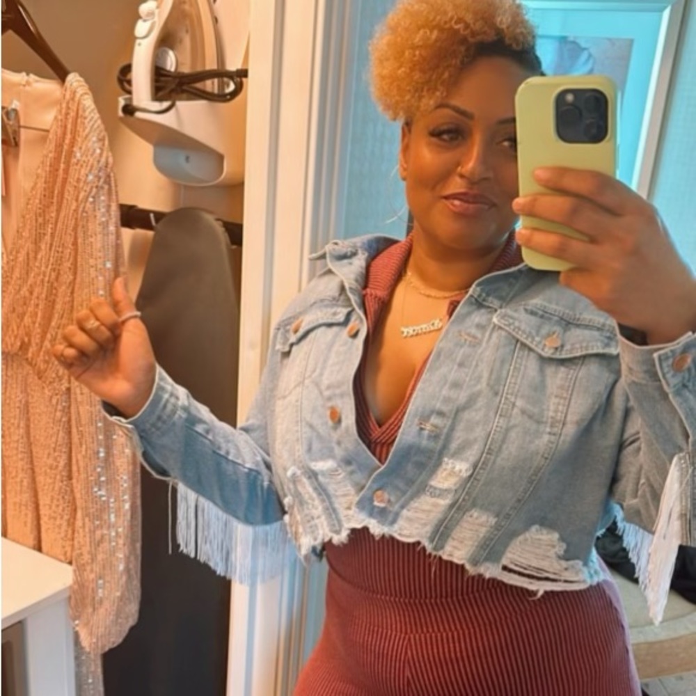 Custom Rhinestone Denim Fringe Jacket - Picture 12 of 17